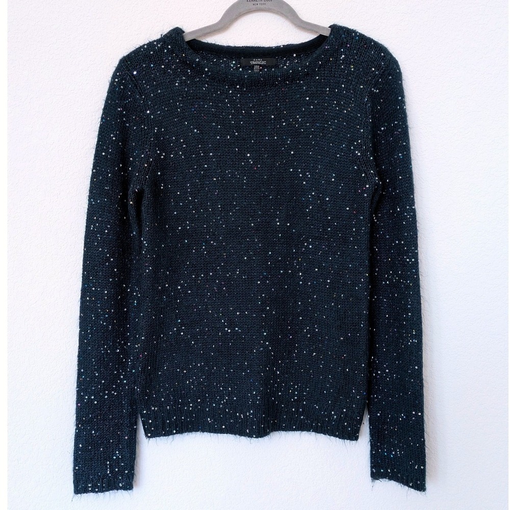 Zara Trafaluc Sequin Knit Sweater Women Medium Grey Sparkle Long Sleeve Pullover